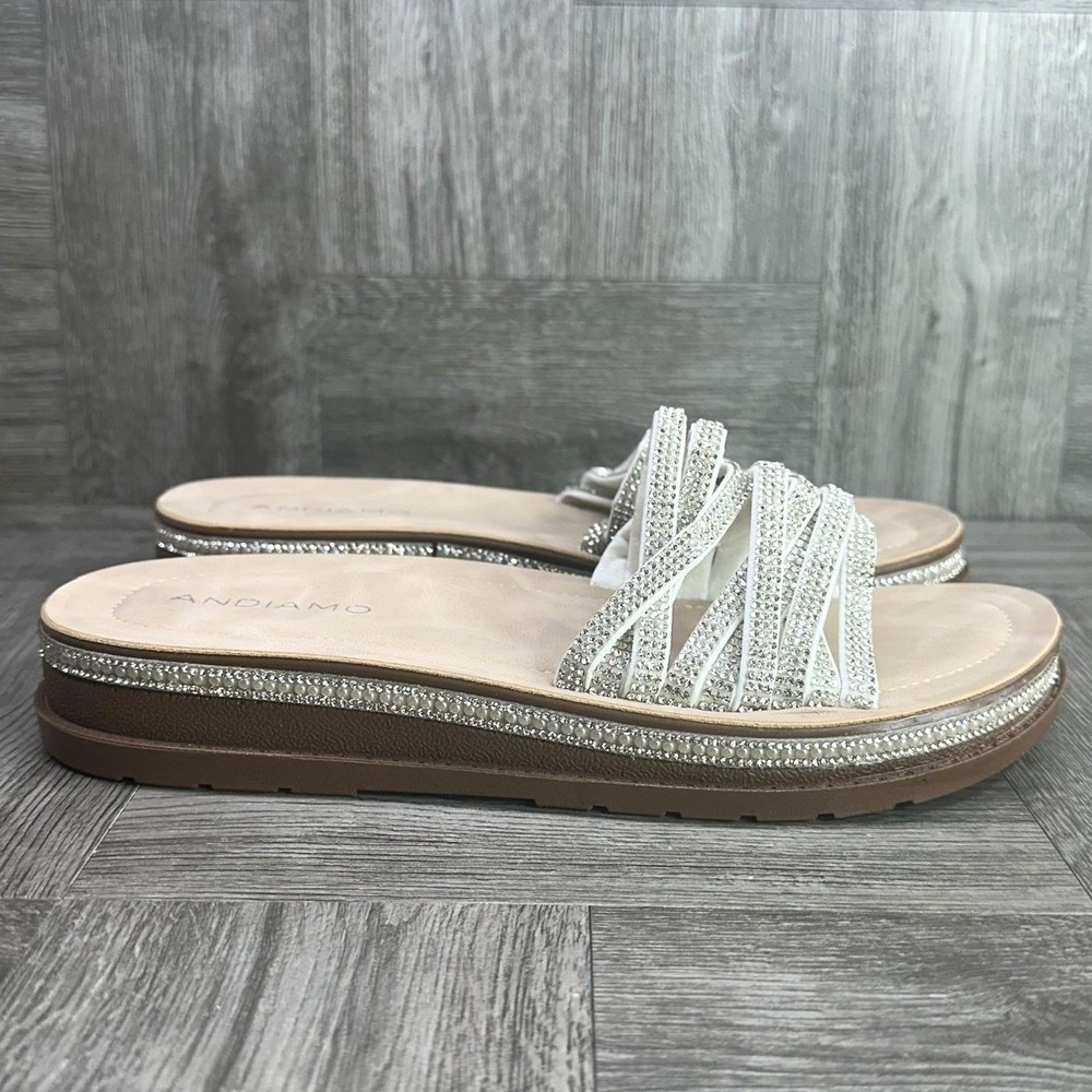 Andiamo Apamela Sandals Womens 6 White Rhinestone Crystal Platform Slide NEW
